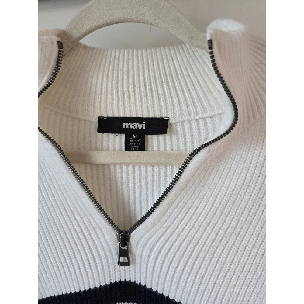 Mavi Mens White Navy Blue Striped Ribbed Quarter Zip Sweater Size M